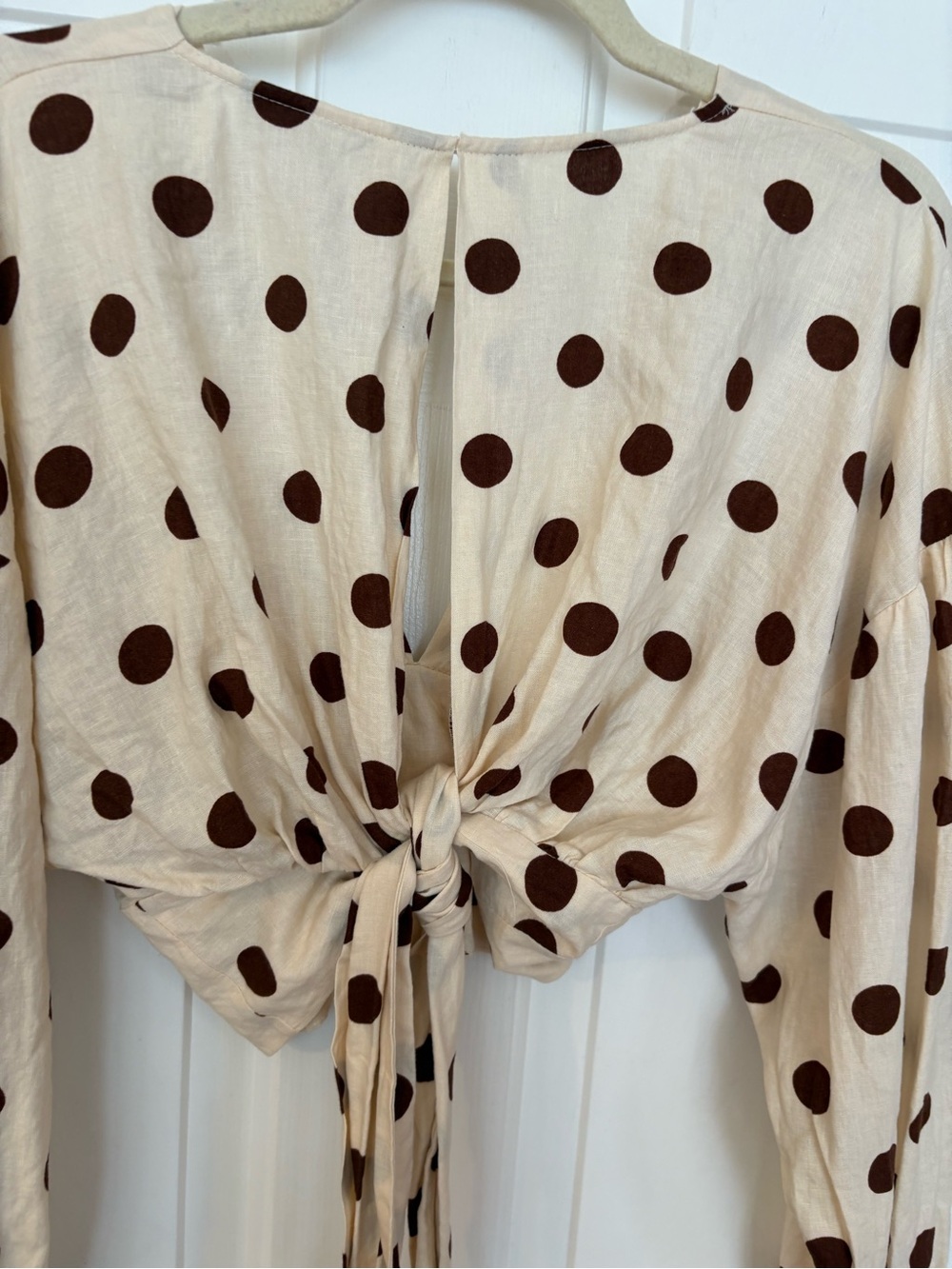 Zara Women's Ivory/Brown Polka Dot LS Cropped Blouse Size M Glam Linen Blend - Picture 4 of 6